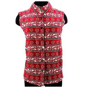 Rebecca Malone Red White Sleeveless Coat Vest Cotton Winter Holly Christmas Sz M